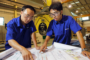 Two Leadec employees with plan for relocation of production line.